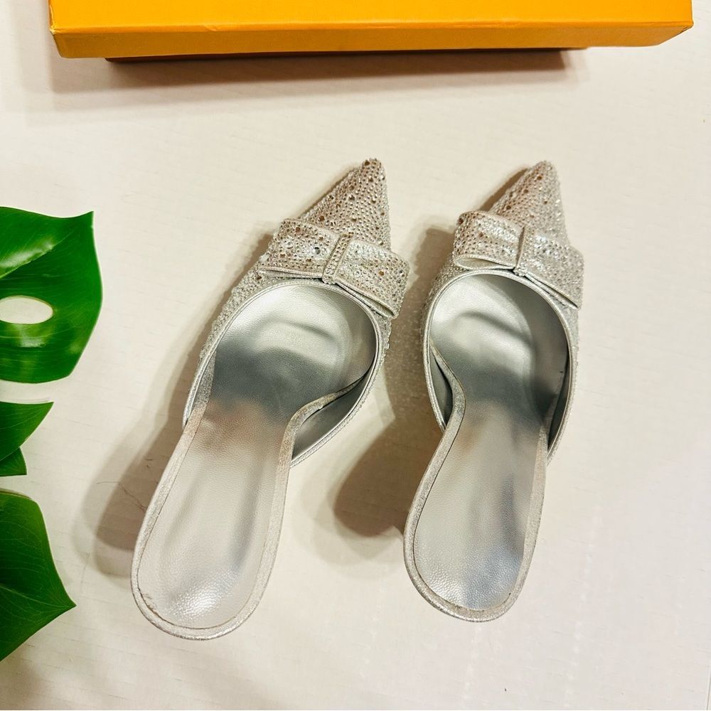 Rhinestones Crystals Heeled Mules With Bow Slip On Dress Shoes Womens Sz 6 NEW - Picture 6 of 16